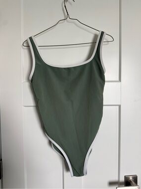 LainSnow Sage Green One-Piece Swimsuit with White Trim made in USA